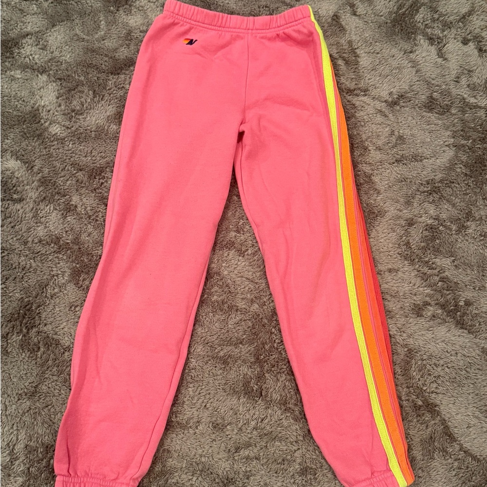Aviator Nation Kids Pink Joggers with Yellow and Orange Stripes